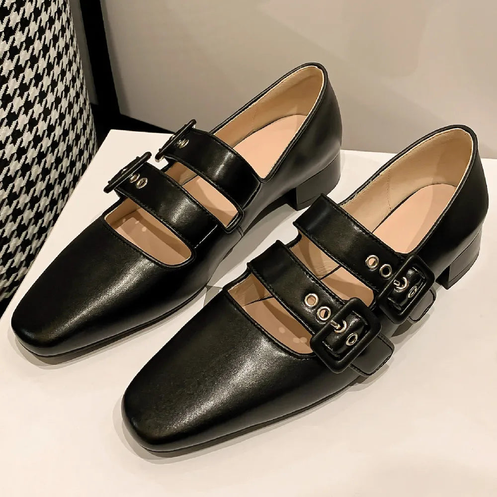 genuine leather double metal buckle slip-on mary jane flats sqaure toe casual soft comfortable ballerinas shoes