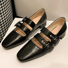 genuine leather double metal buckle slip-on mary jane flats sqaure toe casual soft comfortable ballerinas shoes