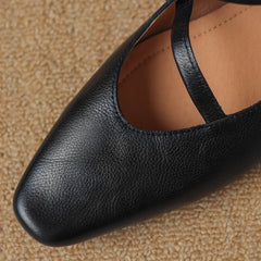 genuine leather square toe slip-on pumps 4cm thick low heel OL style elegant narrow band cross strap slim shoes