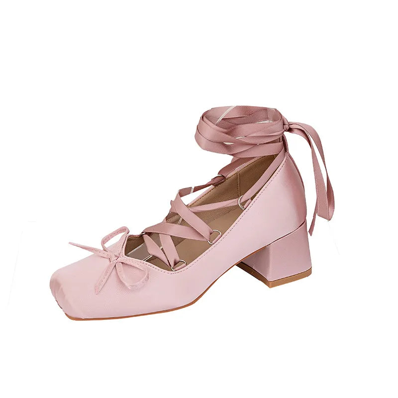 Coarse Heels Pink Cross Tie High Heels girl Ballet Shoes Elegant Silk Lolita Single Shoes