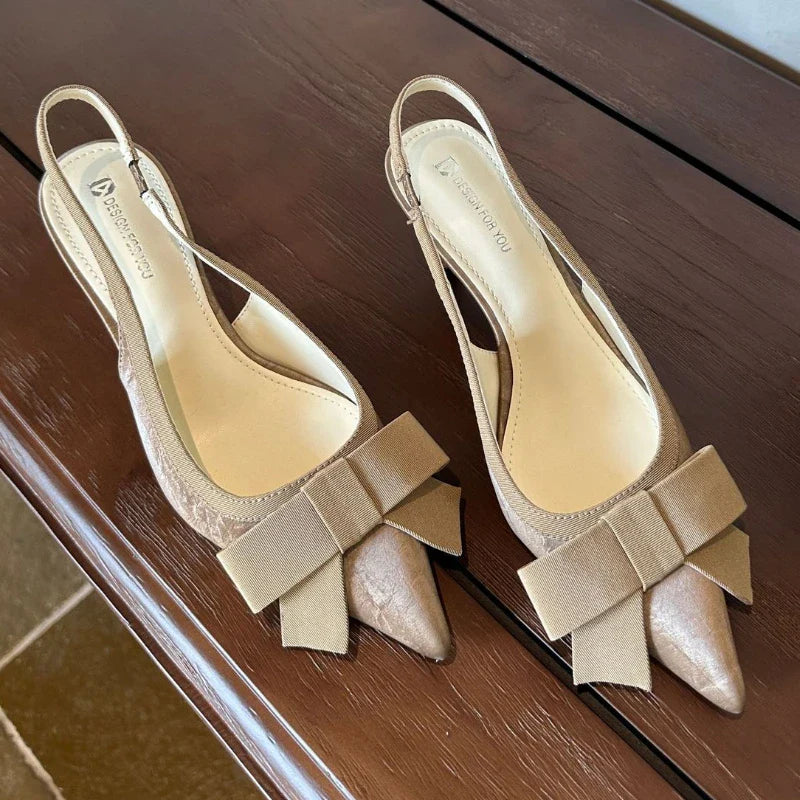 Bowknot Pointed Toe Thin Heel Elegant Satin Heels Prom Backless Zapatos De Mujer