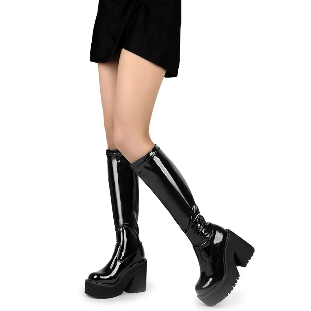 Platform Chunky High Heeled Knee High Boots Cool Round Toe Cute Sweet Heeled Boots Gothic Uniform
