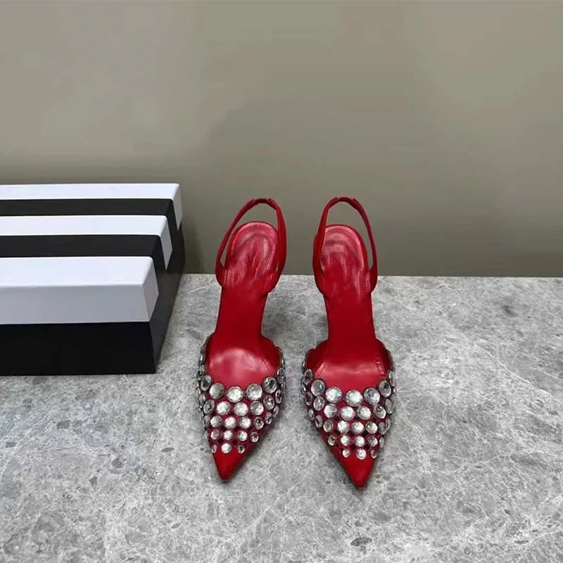 Super Beautiful Rhinestone Shallow Stiletto Pointed Shoes Roman Cut-out High Heeled Sandals