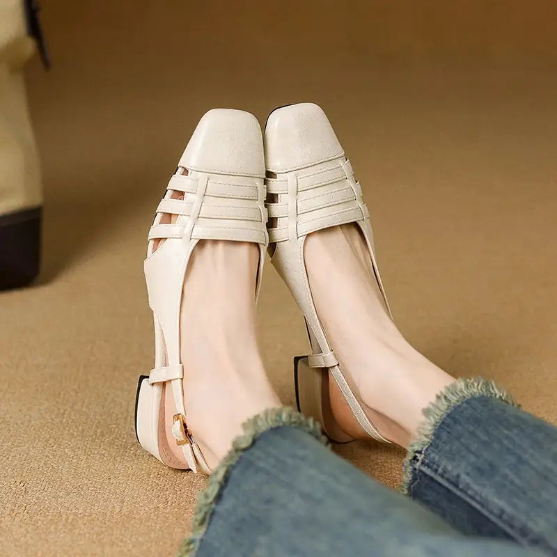 Design Vintage Square Toe Block Heels 3.5cm Back Buckle Strap Big Size 43 Dating Shoes 31 32