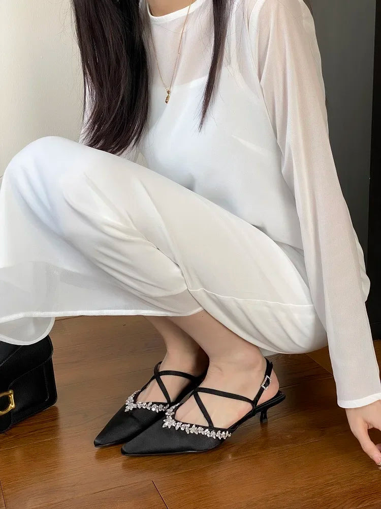 CRYSTAL Pointed Toe Narrow Band Woman Pumps Sandals Elegant Thin Low Heels Slingbacks Buckle Strap