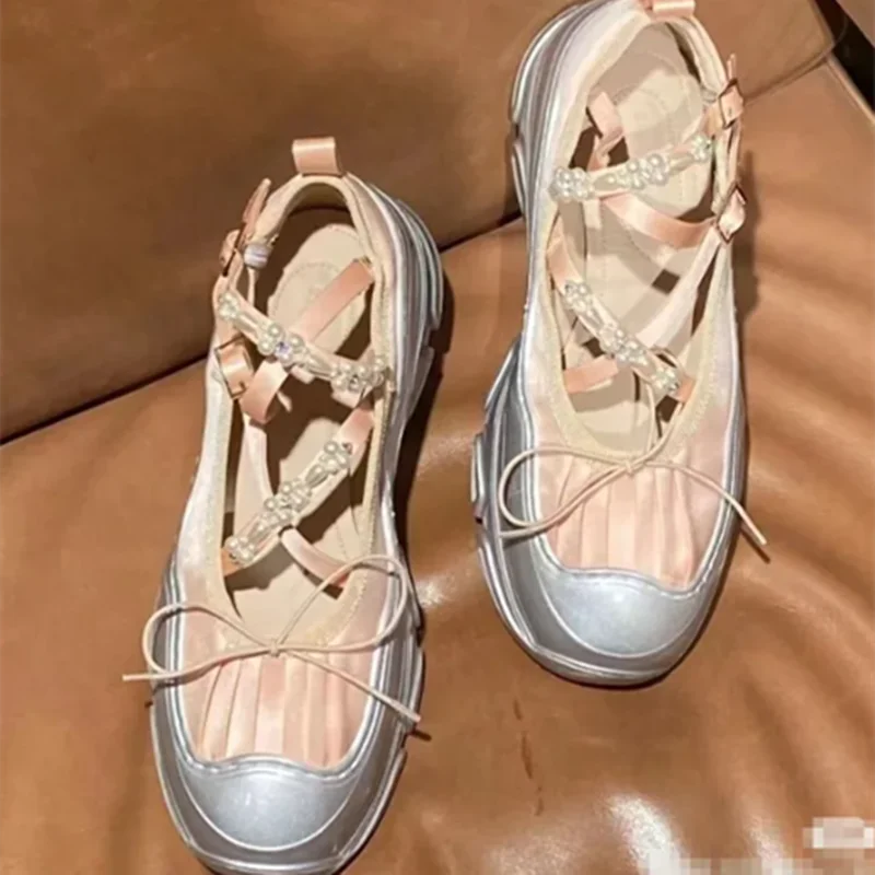 String Bead Butterfly-Knot Breathable Sneakers Lace-Up Thick Bottom Hand-made Shoes Casual Tenis De Mujer