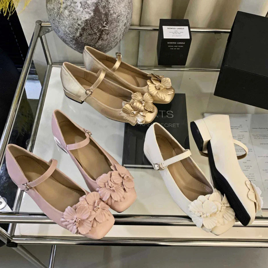 Chunky Heel Flower Mary Jane Shoes Fashions Low Heels Shoes Square Toe Elegant Ballet Shoe Pumps