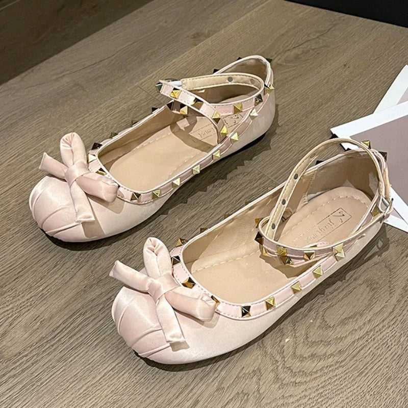 Shoes Rivets Causal Ballet Flats Bowknot Versatile Flat Shoes Ankle-strap