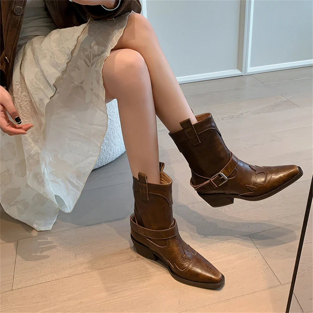 Ankle Boots Genuine Leather Chunky High Heels Shoes