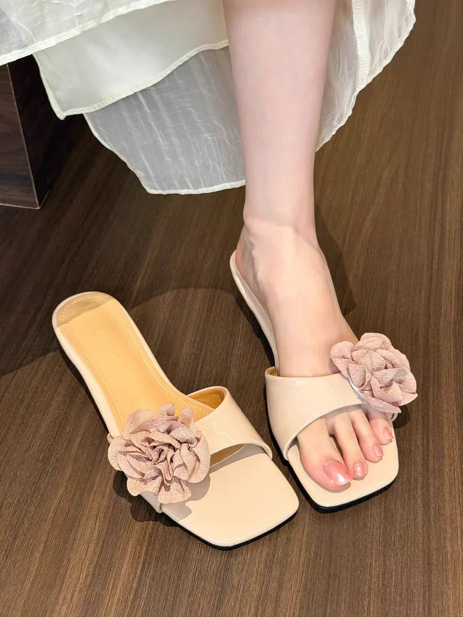 Flower Slippers Square Toe Flats Sandals Elegant Slingback Slides Mujer Flip Flops