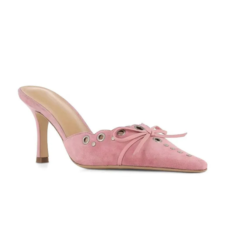 Suede Bow Cutout Pointed Toe Slippers Stiletto High Heels Metal Decorative Elegant Shallow Mules Shoes