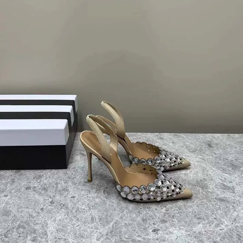 Super Beautiful Rhinestone Shallow Stiletto Pointed Shoes Roman Cut-out High Heeled Sandals