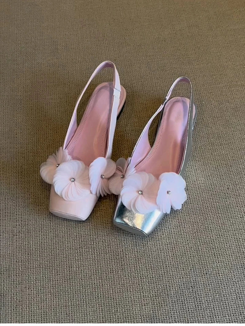 Flower Mules Sandals Square Toe Slip On Singbacks Shoes Elegant Dress Flats Sandalias
