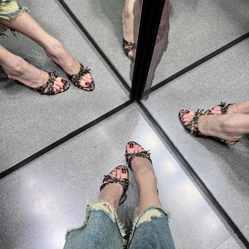 Summers Leopard Slippers Shoes Casual Street Style Open Toe High Heel Slides