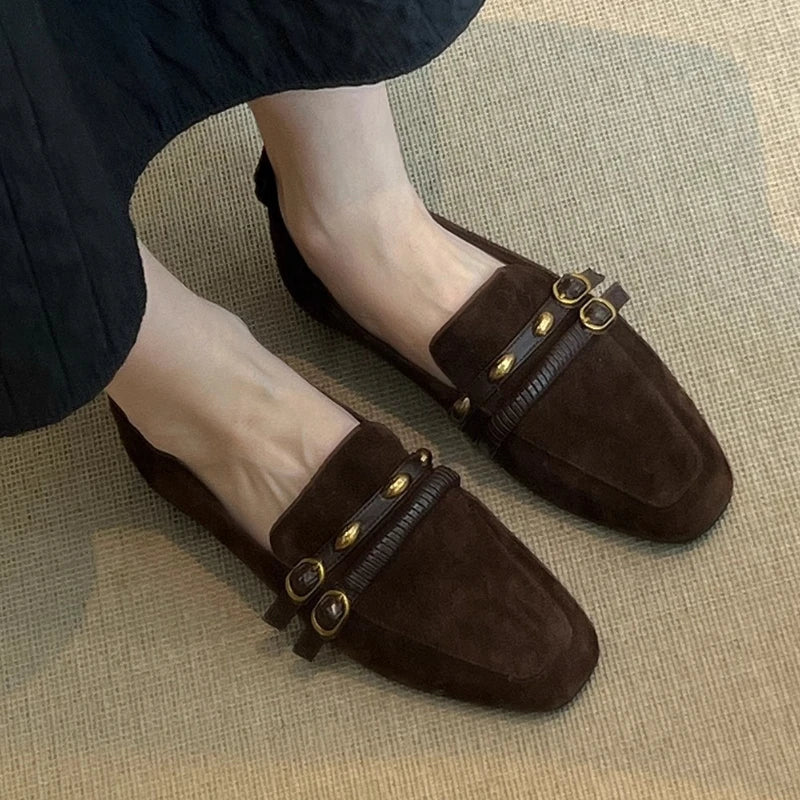 British Style Suede Square Toe Loafers Retro Belt Buckle Design Flats Shoes Comfortable Casual Commute Office Shoe