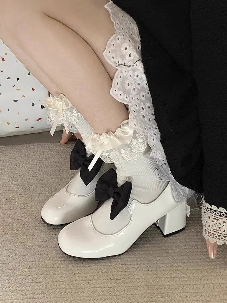 Sweet Round Toe Mary Janes Bow Detail Block Middle Heels Classic Dress Party