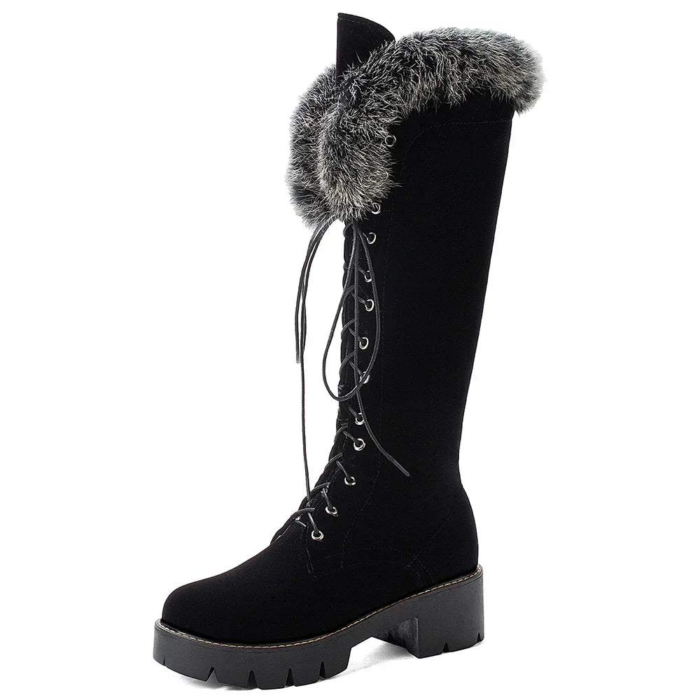 Lace-up Shoes Snow Boots Real Fur Boots Knee High Suede Thick Heel Warm Outdoor with Zip Big Size 43