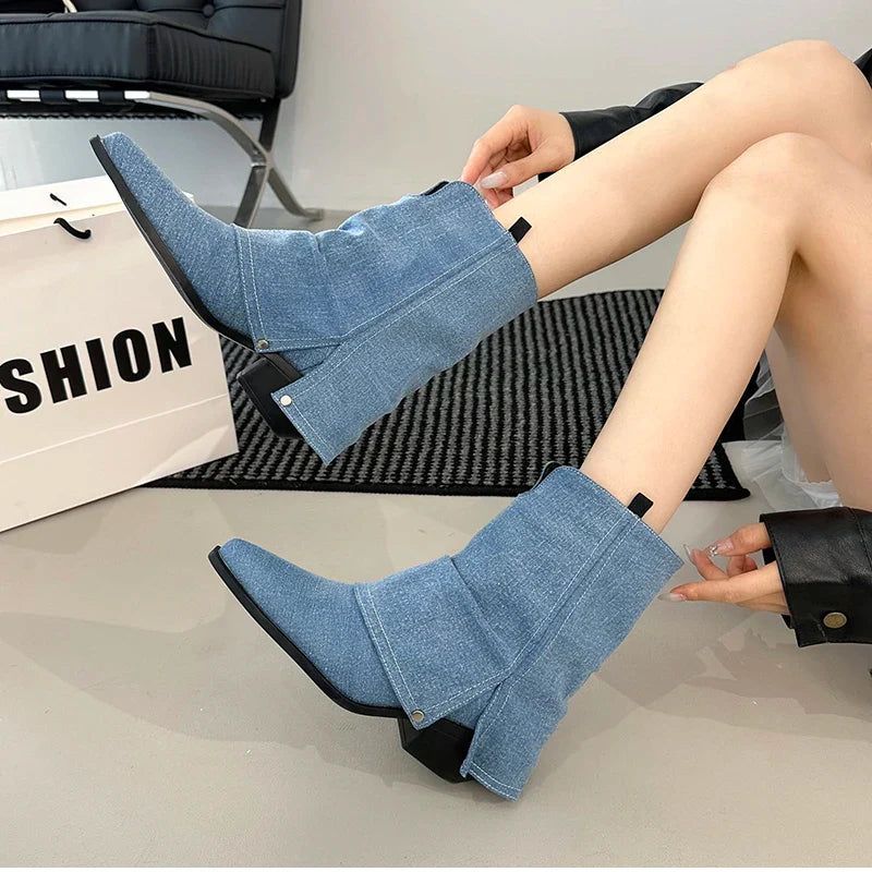 Western Cowboy Boots Vintage Pointed Toe Shoes Thick Heel Short Botas Zapatos De Mujer