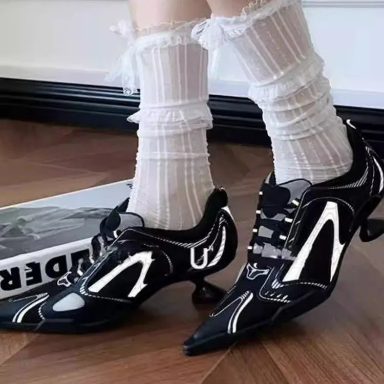 Low Heels Pointed Toe Shoes Lace Up Sports Style High Heels Colorblock Versatile Breathable Mesh Strappy Pumps