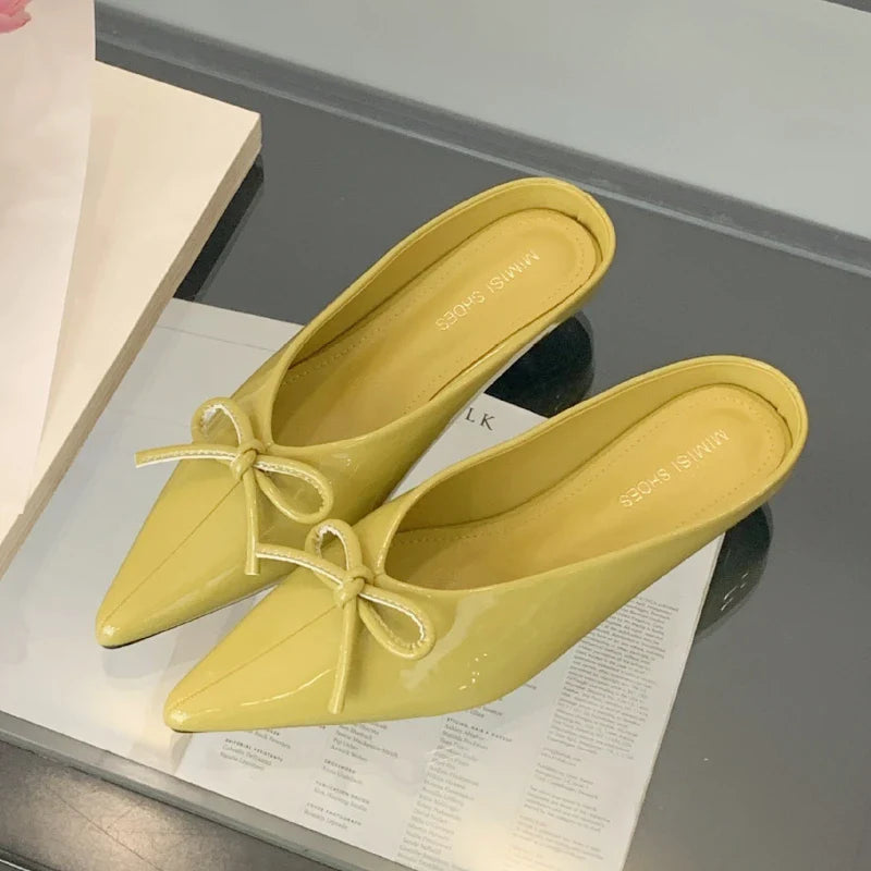 Slippers Bowknot Pointed Toe Heels Elegant Non-slip Mule Shoes Zapatos De Mujer