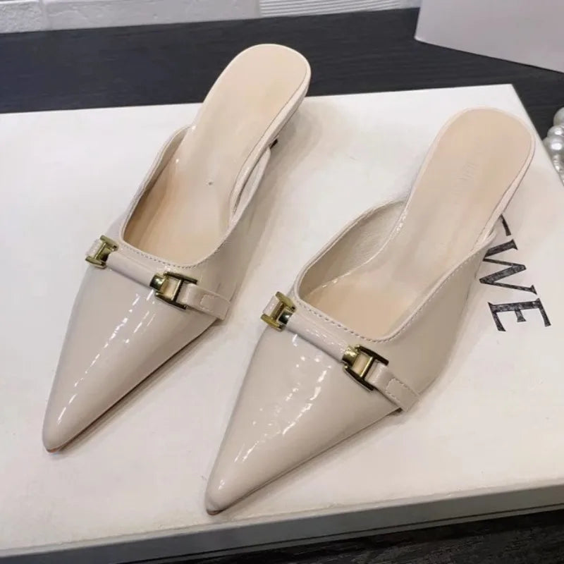 Pointed Toe Shoes Leather Shallow Mouth Comfortable Casual High Heel Sandals Slippers35-40