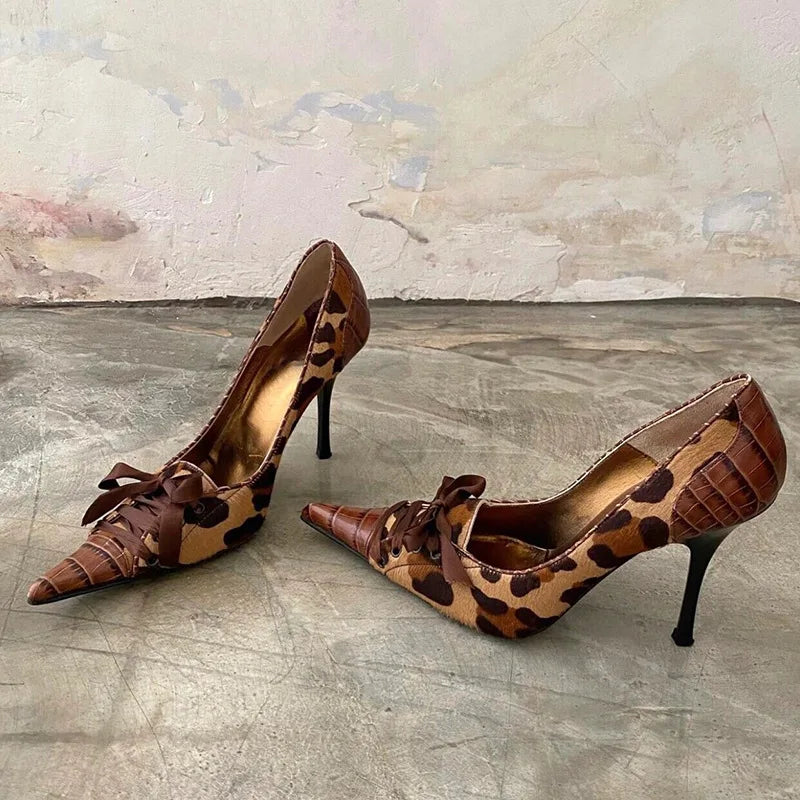 Leopard Print High Heels Pointed Toe Pumps Lace Up Elegant Sandal Rhinestone Party