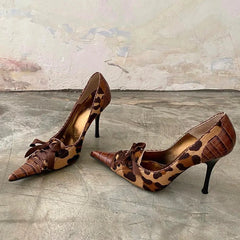 Leopard Print High Heels Pointed Toe Pumps Lace Up Elegant Sandal Rhinestone Party