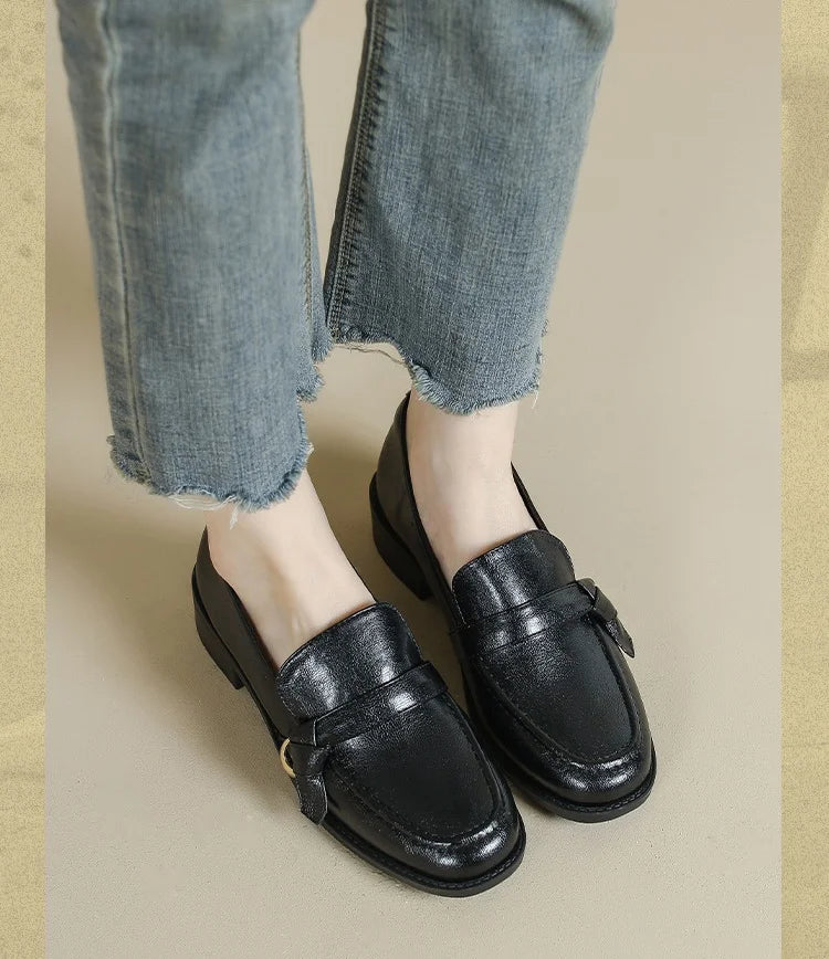 Cow Leather Metal Buckle Slip On Flat Shoes High Quality Comfortable Loafers Casual Versatile Daily Famale Shoes