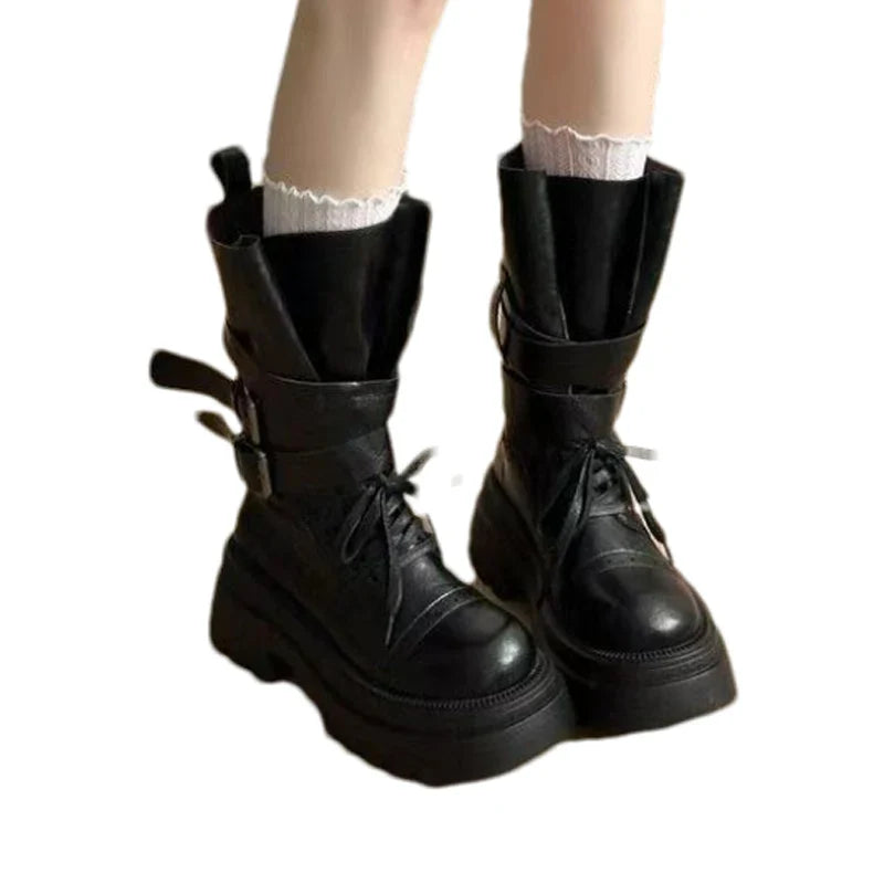 Mid Calf Boots Flats Platform Shoes Lace Up Woman Buckle Chelsea Boots Sport Walking Shoes