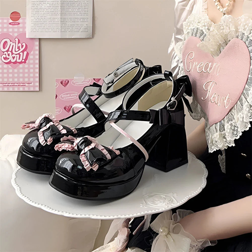Lolita Bow Bow Decor Pumps Platform Chunky High Heels Ankle Strap Sweet Cute Elegant Pumps