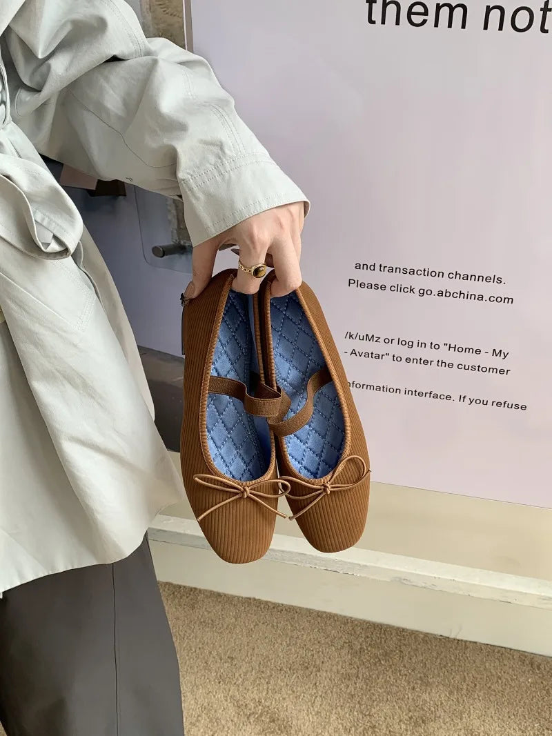 Sweet Butterfly Knot Stripe Design Mary Jane Shoes Comfortable Suede Elastic Band Casual Flats Elegant Brand Shoe