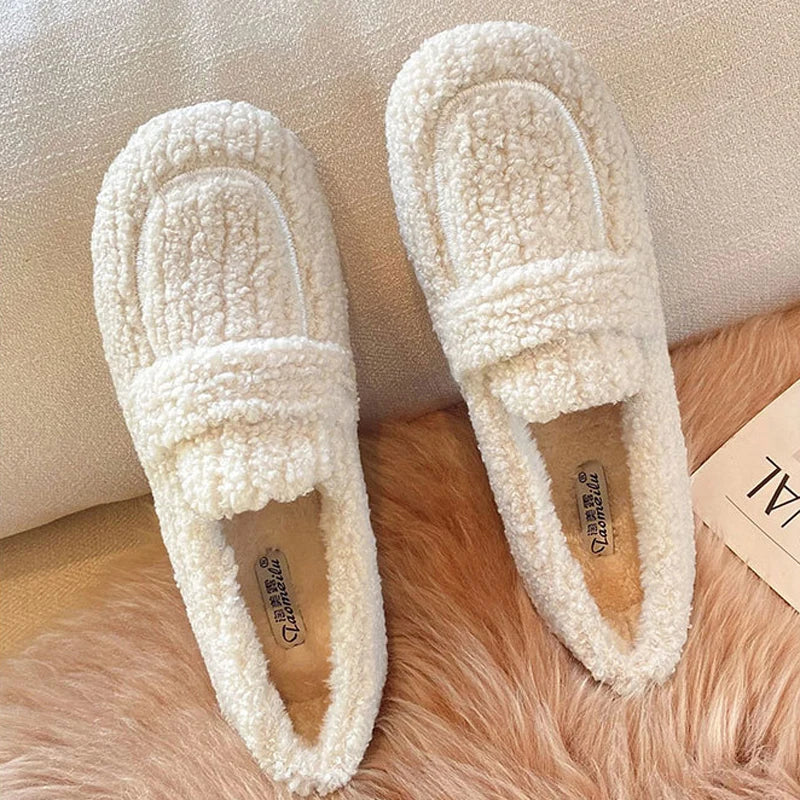 Plus Size 34-43 Wool Shoes Warm Cotton Loafers Femmes Lambswool Moccasins Slip On Round Toe Sheep Fur Flats