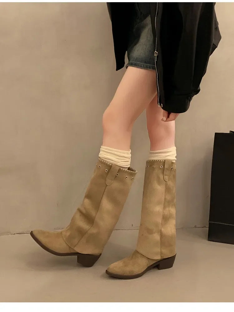 Vintage Thick Heel Western Cowboy Boots Button Combination Splicing Shoes Pipe Long Booties
