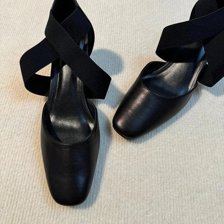 Women'sShoes Square Toe Thick Middle Heel Cross Elastic Cowhide Color Office Shallow Single Shoes