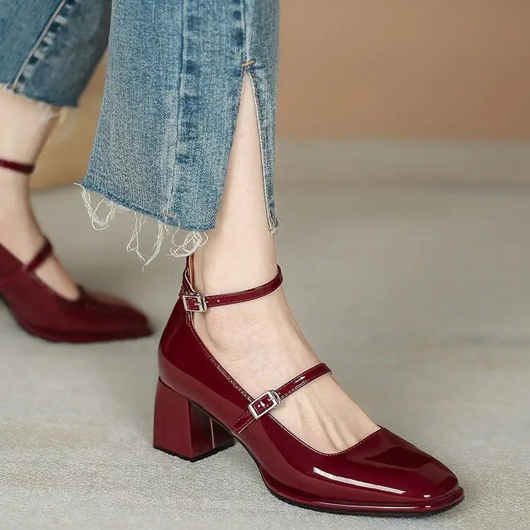heels Shoes Mary Jane Shoes Woman Pumps Patent Leather High Heels Red Wedding Shoes Double Buckle