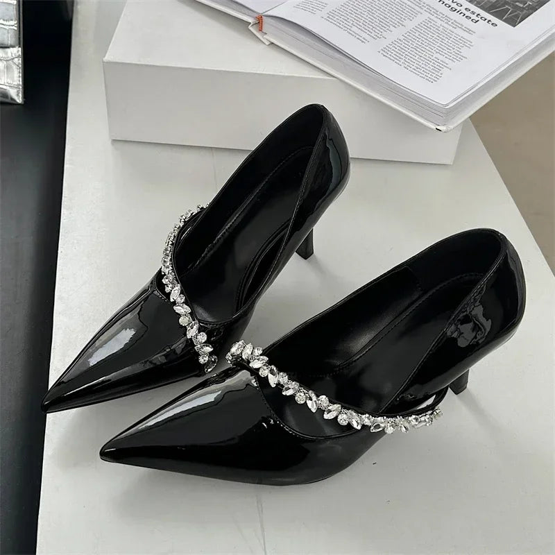 Rhinestone Chain Thin High Heels Pointed Toe Pumps Office Shoes Elegant Zapatos De Mujer
