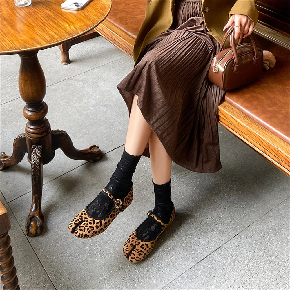 Mary Jane Genuine Leather Shoes Hand Stitch Casual Streetwear Ballet Flats Leopard Red Cute Shoes Loafers