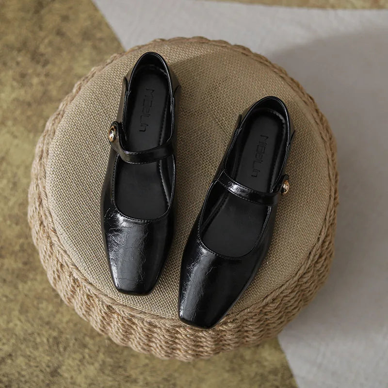 Square Toe Brown leather mary janes shoes woman retro ankle strap flats shallow mouth moccasins comfy ballerina shoes