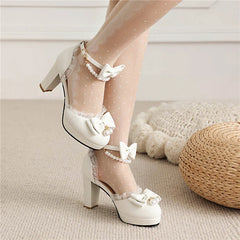 Ankle Strap Two-Piece Lolita Pump Round Toe Platform Kawaii Thick High Heel Bow Buckle Bead Cosplay Shoes Autumn