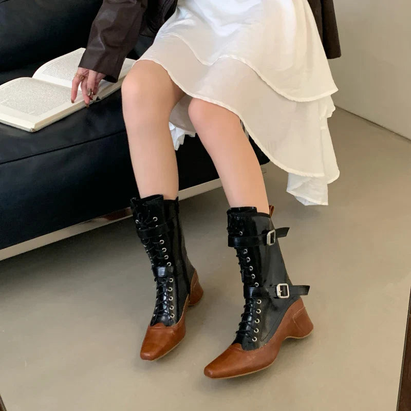 Yellow Cowboy Boots Lace Up Belt Buckle Block Heels Mid-calf Western Boots Vintage Shoes Black Botas Mujer