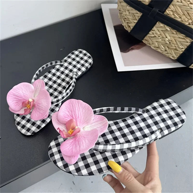 Design Flower Geometric Clip Toe Low Flat Heels Slippers Casual Flip Flops Party Shoes