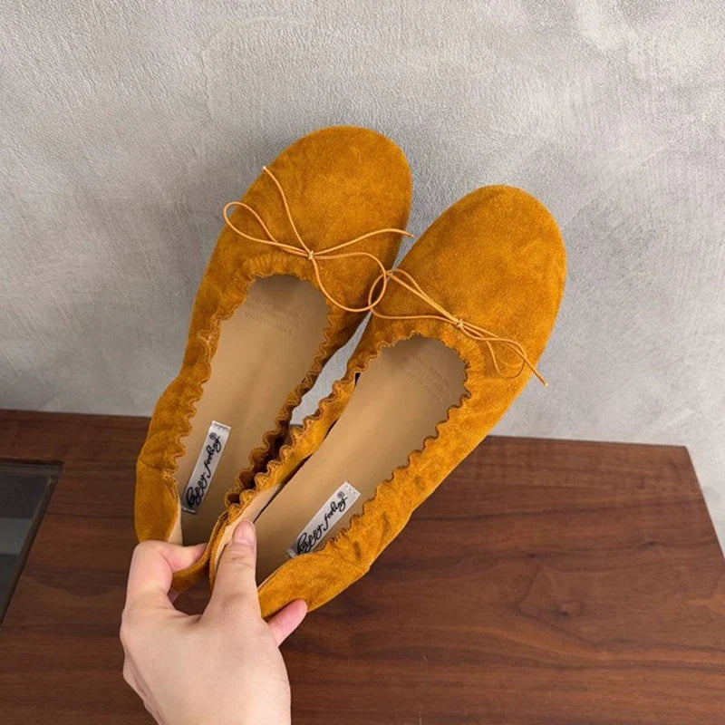 Brand Flat Shoes Round Toe Pleated Shallow Slip On Boat Shoes Soft Flat Heel Single Shoes