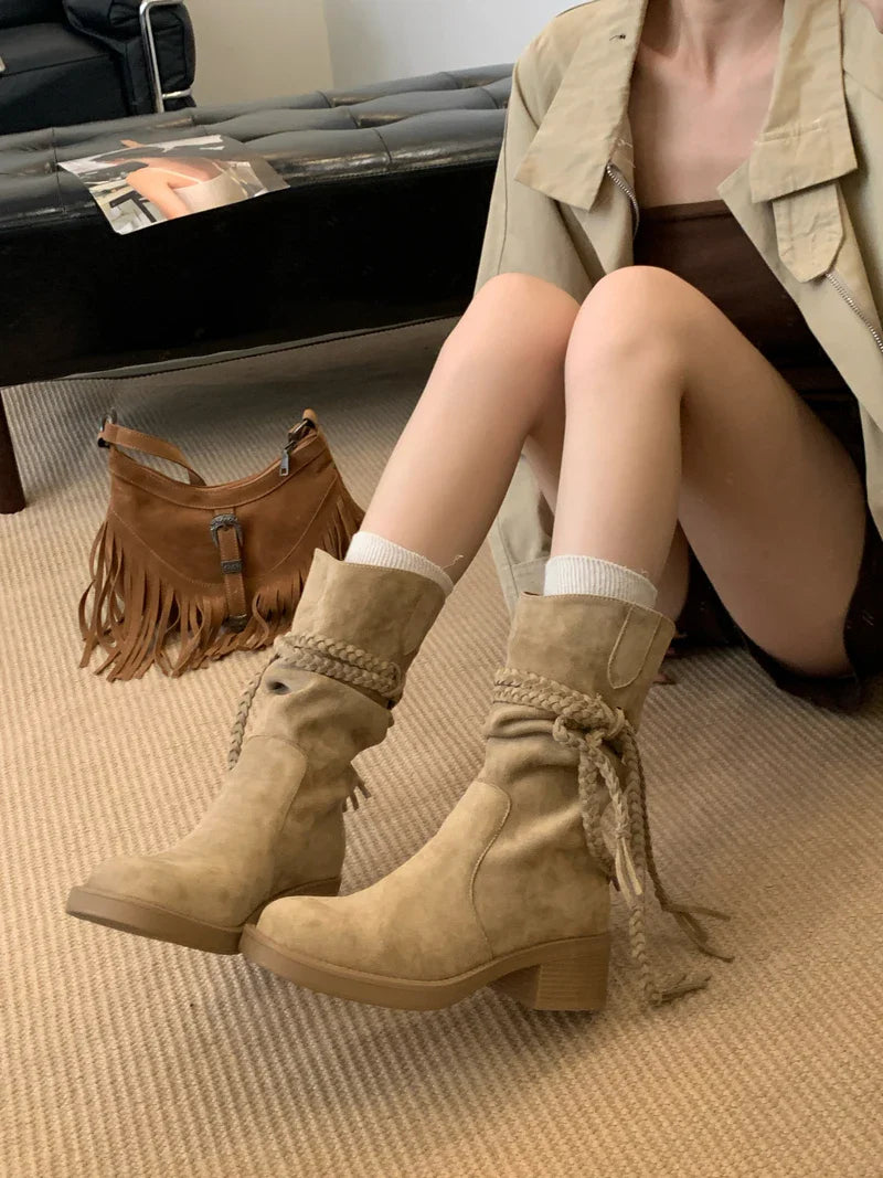 Brown Suede Boots Woman Round Toe Chunky Heels Boots Fall Black Rocks Shoes Botas Western Cowboy Feminina