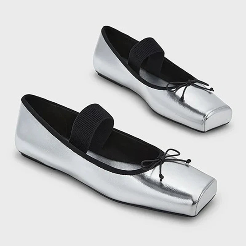 sweet pink silk flat shoes woman square toe bowtie ballet flats silver leather mary janes shoes elastic band moccasions