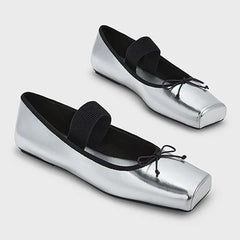 sweet pink silk flat shoes woman square toe bowtie ballet flats silver leather mary janes shoes elastic band moccasions