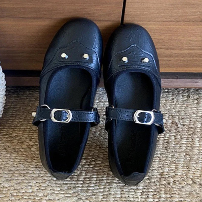 Rivet Decoration Mary Jane Shoes Retro Square Toe Comfort Soft Sole Ballet Flats Belt Buckle Shallow Shoe