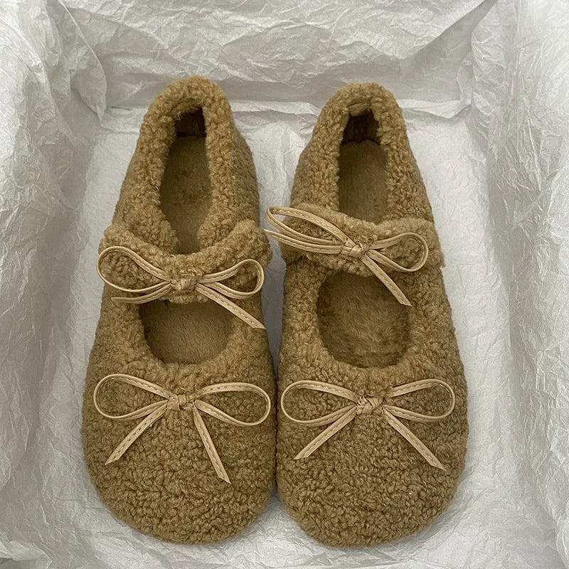 Elegant Ballet Loafer Flat Shoes Flats Loafers Fur Round Toe Brand Design Teddy Outdoor Shoes