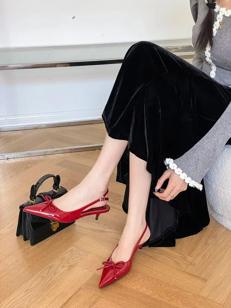 Style Thin Low Heels Butterfly-knot Woman Pumps Elegant Pointed Toe Buckle Strap Party Wedding