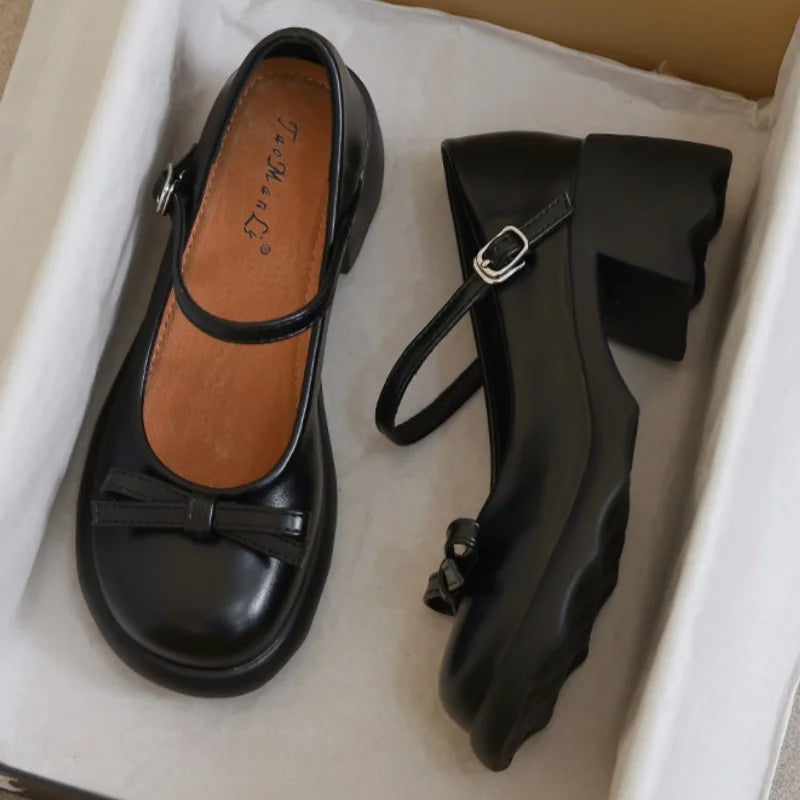 Style Mary Janes Shoes Elegant Chunky Platform High Heels Shoes Bow Ankle Buckle Party Shoes