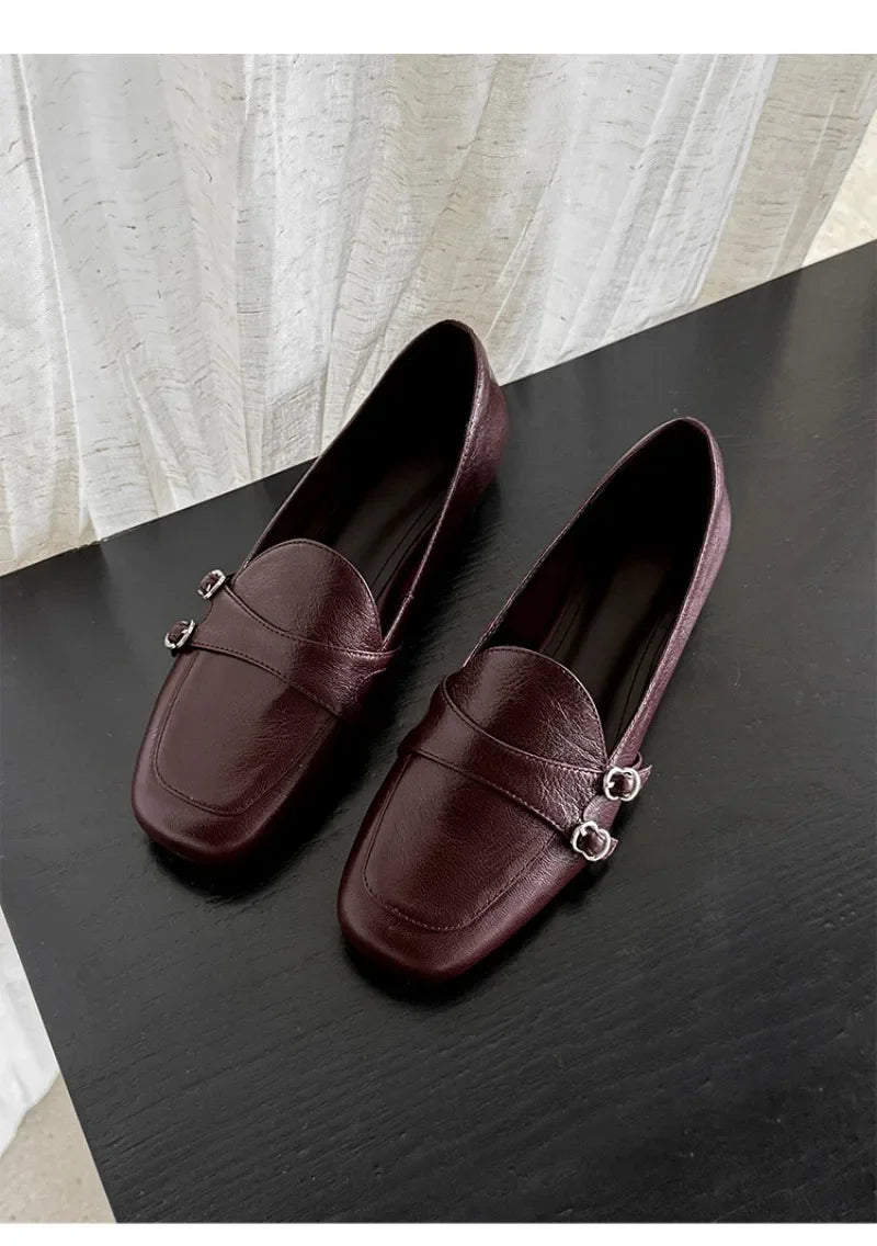 Elegant Burgundy Square Toe Loafers Metal Buckle Stitching Shoes Comfortable Commuting Flat Office Shoes